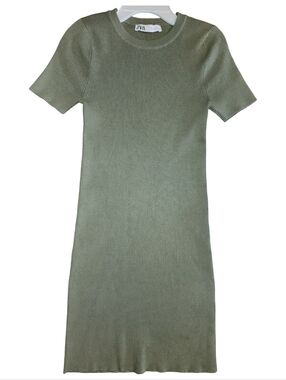 ZARA Bodycon Sage Green Ribbed Knit Crewneck Short Sleeve Mini Dress Size S EUC